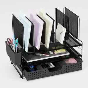 Metal Desk Organizer with Drawer, Pen Holder, Vertical File Rack